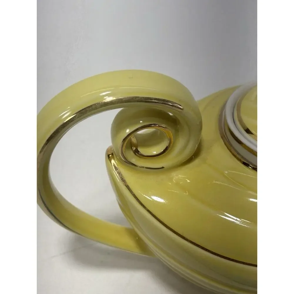 Vintage Hall China 6 Cup Teapot w/ Infuser Yellow Gold Trim USA Art Deco MCM